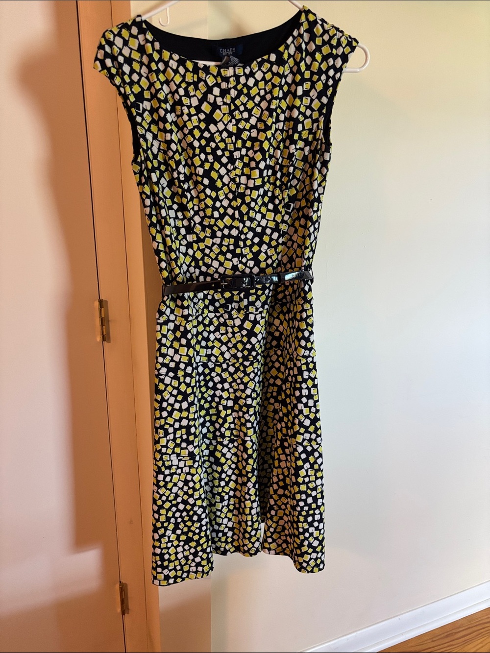 Chaps Navy Midi Dress with Yellow and White Geo Print